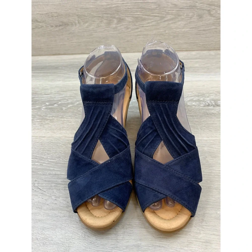 Earth Curvet Women's Sandals Blue Suede Pleated Wedge 6.5 Casual Shoes